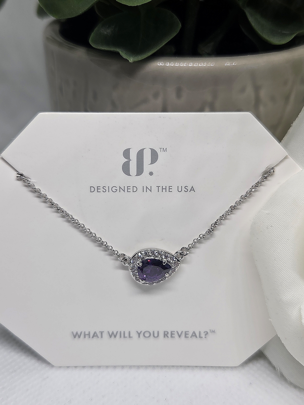 BP Dark Amethyst Teardrop Pendant and Halo Accents On Rhodium Plating